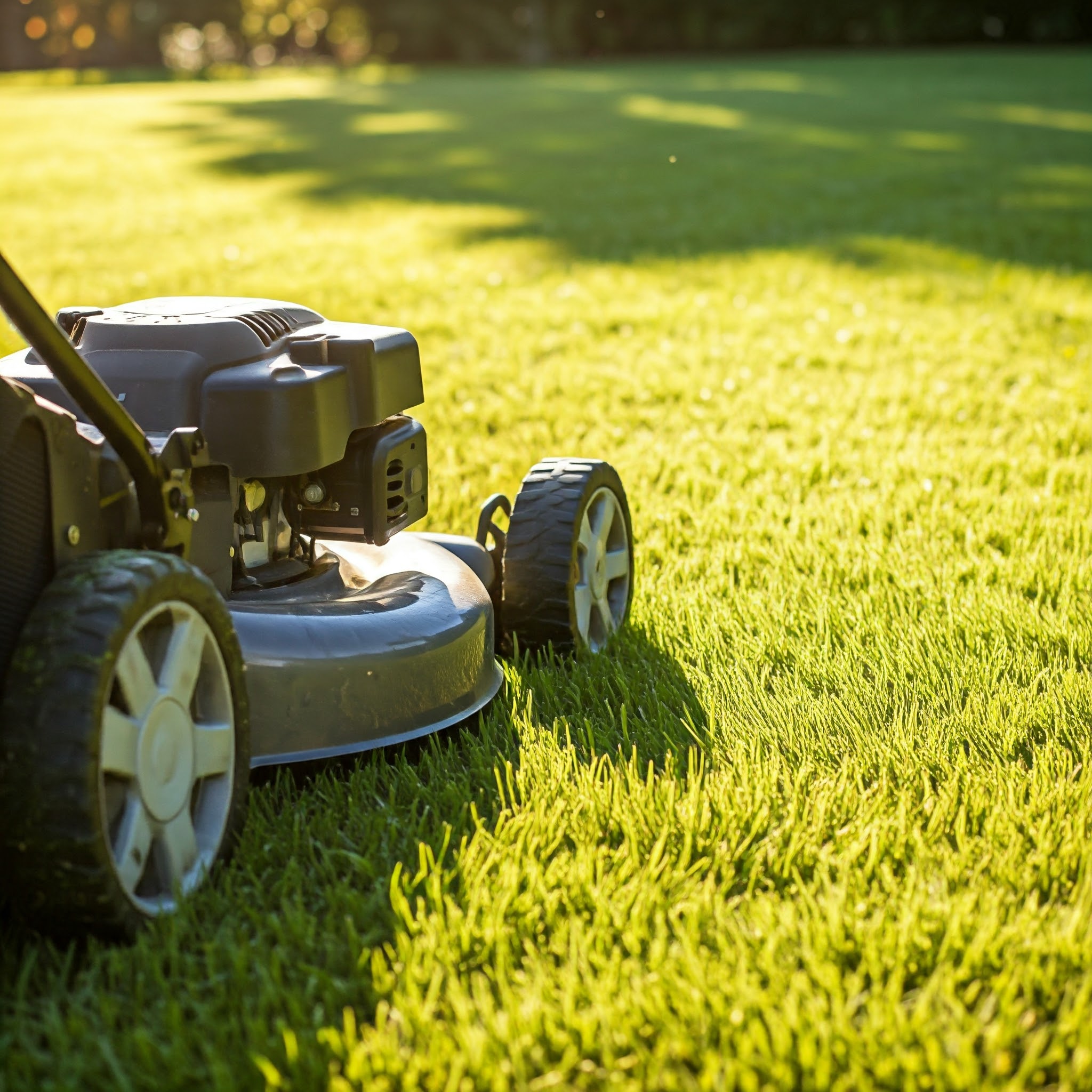 image of a lawn mower on a large freshly mown lawn