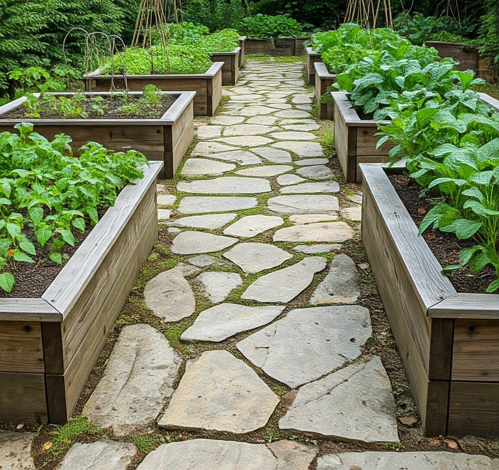 image of a line of vege beds with a stone path